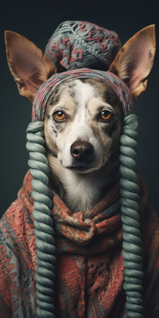 a dog, adorned with a hat and scarf, is captured in a detailed atmospheric portrait. the photorealistic accuracy of the image is enhanced by split toning, creating a vibrant and colorful storytelling experience. this uhd image showcases the hip-hop inspired style, created using zbrush. ai generatedの素材