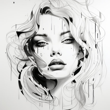 a fashion illustration featuring a girl with long blonde hair showcasing a unique fashion style. the artwork is done in a black and white abstraction style, with strong facial expression and flawless line work. the use of paint dripping technique adds an artistic touch. the illustration also includes hyper-realistic water made of glass, dynamic lines, and shapes. ai generatedの素材