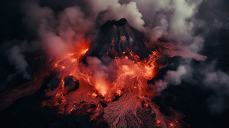 a captivating aerial view showcases a large crater with mesmerizing hot lava, creating an emotional imagery. this photorealistic surrealism photograph, shot with a pentax k1000, captures the atmospheric environments surrounding the crater. with its 8k resolution, this contest-winning image is a true masterpiece of captivating and immersive art. ai generatedの素材