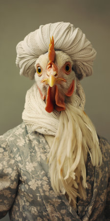 a white chicken, adorned with a head piece, captured in the style of dusseldorf school of photography. this photorealistic portrait showcases the chicken's intricate features, set against a backdrop of light maroon and gray. the chicken's attire reflects traditional costumes, while the close-up shot highlights the attention to detail reminiscent of danish golden age paintings. this contemporary animal sculpture embodies artistic excellence. ai generatedの素材