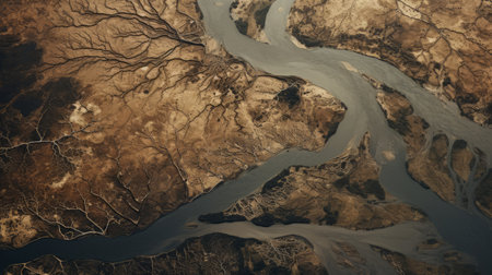 satellite image showcasing the yemen river and its river banks, captured with a canon eos 5d mark iv. this minimalist abstract-style photograph features organic forms and muted tones, reminiscent of native american, first nations, and alaska native art. the dark and moody landscape, shot from a high-angle perspective on 70mm, adds depth and intrigue to the composition. ai generatedの素材