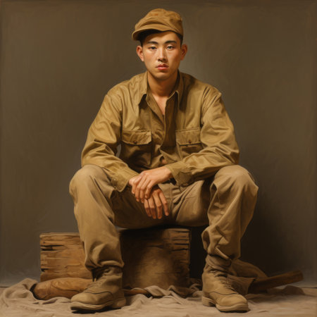 a man in uniform sits on the floor, depicted in the style of contemporary asian art. this artwork, created using zbrush, combines elements of vintage portraiture with an earthy color palette. the composition evokes the spirit of the works progress administration (wpa) era, while also showcasing hyperrealistic wildlife portraits. the overall aesthetic can be described as tanbi kei. ai generatedの素材