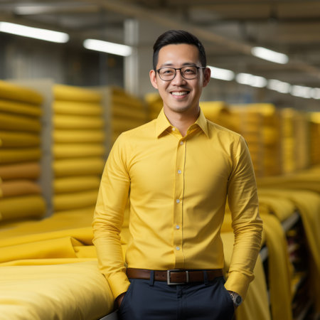 a man with glasses stands confidently beside vibrant yellow sacks, showcasing the intricate textures reminiscent of precision engineering. the photo captures the essence of gongbi art style and happycore aesthetics. shot on provia film, this environmental portrait exudes a smilecore vibe. ai generatedの素材