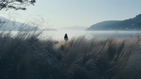 a person stands in a flowerless field, with a breathtaking waterfall and serene lake in the background. this gauzy atmospheric landscape, captured in stunning 8k resolution, showcases the unique style of japanese photography and australian tonalism. the eerie yet captivating coastal landscape creates a mesmerizing visual experience. ai generatedの素材