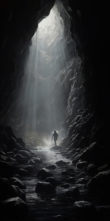 a man explores a dark and intricate cave, with sunlight beaming up at him. this monochrome painting captures an adventure-themed scene, featuring enigmatic characters and a misty atmosphere. the hyper-realistic water adds to the mystique of the monumental scale of the cave. ai generatedの素材