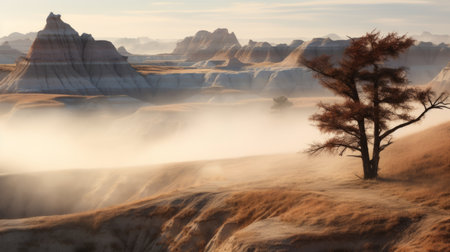 a man gracefully guides a horse down a hill, amidst a surreal landscape reminiscent of otherworldly beauty. the soft mist envelops the scene, creating an ethereal atmosphere. this captivating photograph captures the essence of desertwave and showcases the talent of renowned photographer clyde caldwell. the organic formations and prairiecore vibes add a unique touch to this mesmerizing national geographic-worthy image. ai generatedの素材