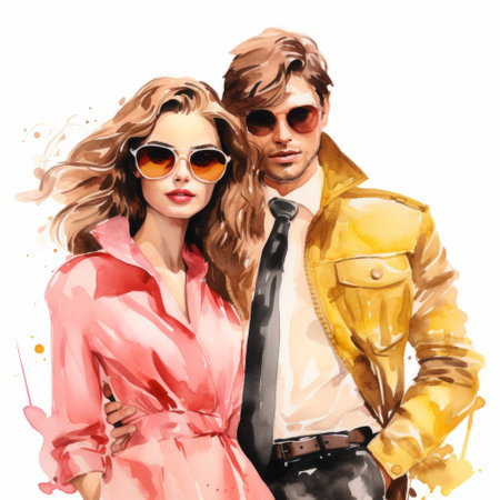 a watercolor illustration featuring a stylish couple wearing sunglasses. the artwork showcases a saturated palette with vibrant shades of yellow and amber. the couple is depicted in elegant clothing, creating a realistic and lifelike portrayal. this editorial illustration captures the essence of youthful protagonists in a visually captivating manner. ai generatedの素材