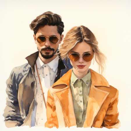 two people are depicted in a watercolor illustration wearing winter jackets and scarves. the artwork showcases a realistic and hyper-detailed style, with light brown and amber tones. the fashion illustrations exhibit precisionist art techniques, portraying the subjects in a handsome manner. the sun-soaked colors add a vibrant touch to the overall composition, creating an optical feast for the eyes. ai generatedの素材