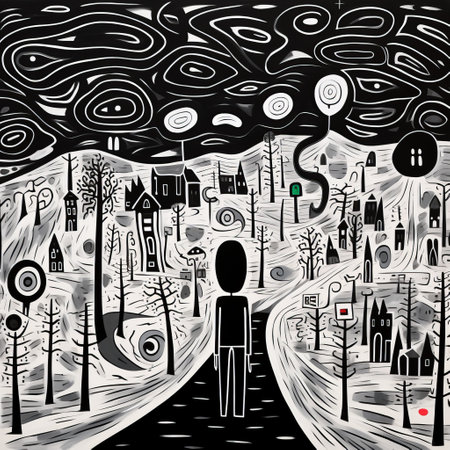 allie clifton, a talented artist, showcases her unique style in this captivating black and white illustration. with intricate details and bold lines, the artwork exudes a sense of naive expressionism. the cityscape depicted in the image hints at an apocalyptic landscape, reminiscent of post-war expressionism. this lp/cd cover art draws inspiration from the necronomicon illustrations, creating a mesmerizing piece that merges various artistic influences. aiの素材