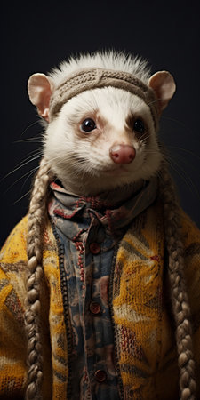 a young squirrel, adorned with a blue wig and braids, poses for a meticulous photorealistic still life portrait. the dark white and pink background adds a touch of elegance to the western-style portrait. the dark yellow and beige tones complement the exquisite clothing details, creating a stunning studio portrait reminiscent of the works of anton semenov. ai generatedの素材