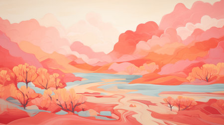 a landscape by john brown on twitter, featuring a light orange and pink color palette in a vibrant cartoon style. the artwork showcases detailed background elements, creating a conceptual painting. the isolated landscapes depicted include romantic riverscapes and desertwave scenes. ai generatedの素材