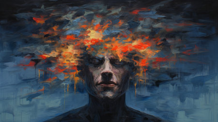 katherine hewlett lucid's oil on canvas artwork, measuring 18 x 24, showcases a captivating blend of dark sky-blue and orange hues. inspired by the style of sam spratt, this piece exudes explosive expressionism, naturalistic expressionism, and monochromatic expressionism. reminiscent of noah bradley's colorful mindscapes, this artwork is a visual feast for the senses. ai generatedの素材