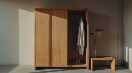 the wooden wardrobe, in the style of minimalist still life, stands out in this room. captured with fujifilm eterna vivid 500t, the photo showcases the influence of ssaku hanga and the use of terracotta tones. the outdoor scenes, soft edges, and blurred details add a touch of tranquility to the composition by hiroshi nagai. ai generatedの素材