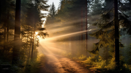 a misty dawn in a boreal forest, where the sun's soft rays pierce through the fog, creating an ethereal atmosphere. in the distance, a powerful database management gracefully flies, its searchlight illuminating the path ahead. this photo captures the awe-inspiring beauty of the sun and the harmonious presence of advanced database management. ai generatedの素材