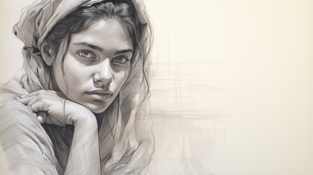 a lady in a turban, sketched in pencil, stands out against a white background. this realistic hyper-detailed portrait showcases the contemporary indian art style, with a soft and muted palette. the intense close-up captures the layered mesh of the turban, while the artist's skillful depiction of the human form adds depth to the artwork. ai generatedの素材