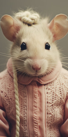 a cute little brown and white rat wearing a little pink sweater with a rope, captured in a vignetting style using a 35mm lens. the photo showcases exquisite clothing detail and has a dreamy pastel aesthetic. this adorable rat in its stylish outfit embodies the whimsical themes of grandparentcore, while also playfully referencing its love for cheese. ai generatedの素材