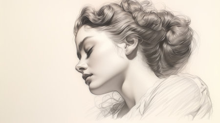 a realistic hyper-detailed drawing of a woman with closed eyes, showcasing charming characters and classical proportions. the soft and dreamy tones, along with the airbrushing technique, create a neo-victorian aesthetic. the graceful lines add to the overall elegance of the artwork. ai generatedの素材