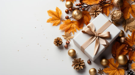 christmas gift box with golden decorations and a bow on a white background. the design is inspired by nature, featuring white and orange colors. the photographer, alson skinner clark, beautifully captures leaf patterns in this tabletop photography. the image showcases a mix of dark white and amber tones. this stunning photo was the winner of a contest. ai generatedの素材