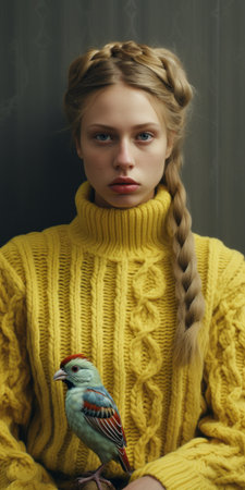 a girl wearing yellow knitwear gazes at a bird in this close-up, hyperrealistic portrait. the chiaroscuro style adds depth and drama to the image, reminiscent of fashion photography and the helsinki school. the uniformly staged composition and folknave elements create a captivating visual narrative. ai generatedの素材