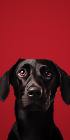 a black dog stands out against a vibrant red and white background in this realistic and emotive portrait. the advertisement-inspired style showcases minimal retouching, allowing the shiny eyes of the canine to captivate viewers. with a singular focus, this image embodies the essence of caninecore, drawing inspiration from the works of mike judge. ai generatedの素材