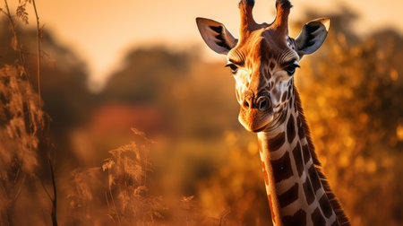 a giraffe stands near a log in the woods, against a backdrop of richly colored skies. the photo captures the giraffe's facial expressions, with emphasis on its exaggerated features. the light gold and amber tones add warmth to the image, while the soft-focus technique and long lens create an innovative and captivating composition. ai generatedの素材