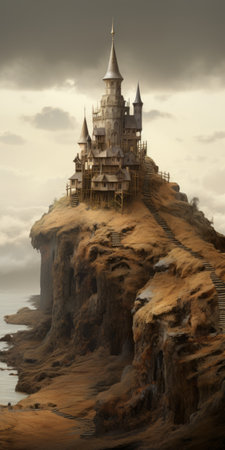 a castle perches on an island, showcasing a hyperrealistic fantasy scene with whimsical character design. the light gold and brown tones blend seamlessly with the photo-realistic landscapes. the use of focus stacking technique enhances the eerily realistic feel of the image, creating a captivating villagecore ambiance. ai generatedの素材
