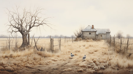 an abandoned farmhouse stands in the foreground, surrounded by overgrown grass and weeds. a broom tree leans against the weathered structure, adding a touch of melancholy to the scene. this realistic painting captures the essence of rural america, with soft, tonal colors reminiscent of robert bissell's bird paintings and martin rak's landscapes. the artist, serge marshennikov, skillfully uses subtle ink wash techniques to create aの素材