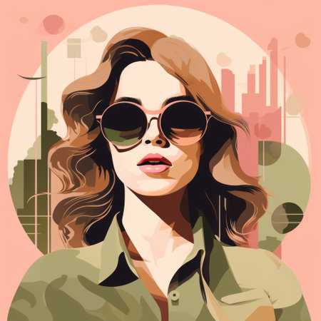 young lady in glasses poses with a city map illustration, reminiscent of glamorous hollywood portraits. her wavy, light amber and pink hair contrasts beautifully with the dark green and pink tones of the map. the composition is loose and fluid, with graphic rock-inspired elements. the warm tones add a touch of elegance to the overall image. ai generatedの素材