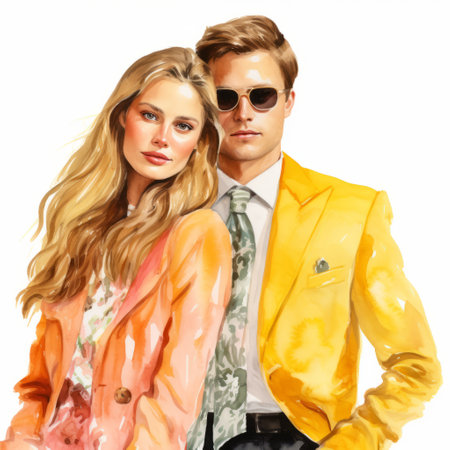 a man wearing yellow pants and a woman dressed in blue are depicted in this fashion illustration. the artwork showcases photorealistic portraiture with a touch of pink and amber hues. created by the talented aquarellist john walker, these highly detailed illustrations capture the essence of fashion and style. ai generatedの素材
