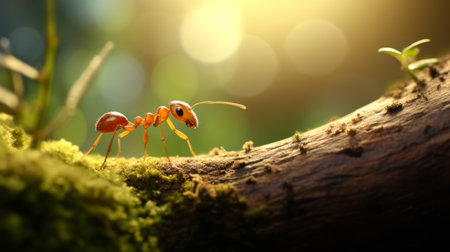 an ant in a natural environment, surrounded by plants, is captured in a pointillist style with light red and light amber hues. the sunrays add an enchanting lighting effect to the scene. the image has a pop-culture-infused vibe with a mix of yellow and brown tones. rtx on. ai generatedの素材