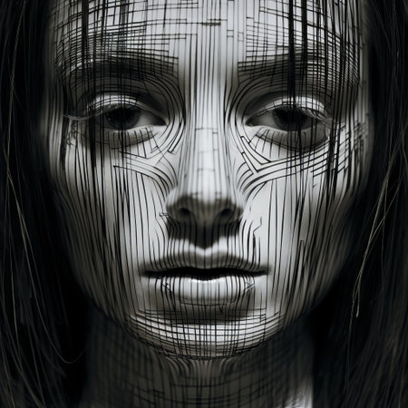 a black and white digital art featuring a woman's face, created with layered lines and textural pictorial effects. this captivating artwork, inspired by daz3d, showcases a unique blend of wire-like elements and streaked patterns. the elegant and emotive faces are brought to life through an intense gaze, adding depth and intrigue to the composition. ai generatedの素材