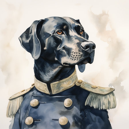 a black dog wearing a black and gold military uniform with blue sleeves poses for a portrait. the style of the portrait resembles watercolor illustrations, with detailed features capturing the essence of neoclassical sculptures and marine paintings. the close-up shot showcases atmospheric color washes, creating a captivating western-style portrait. ai generatedの素材