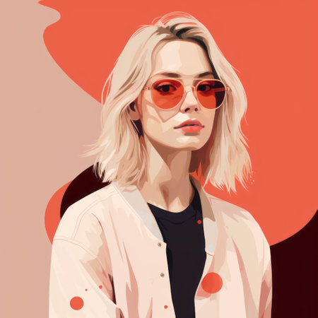 woman with orange and blue background wearing sunglasses and hairpins. studio portrait style with a light crimson and light black color scheme. the illustration has a fluid and loose feel, reminiscent of street pop art. inspired by the works of matti suuronen, the woman exudes charm like a character from an anime. the white and crimson elements add a striking contrast to the overall composition.の素材