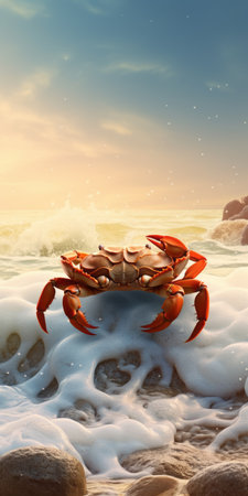 a crab at high tide on ocean rocks, depicted in a luminous 3d style reminiscent of photorealistic renderings. this image captures the essence of illustrated advertisements, inspired by the works of mike campau. the crab stands out with its vibrant light orange and red hues against the richly detailed background. the scene is reminiscent of wimmelbilder, offering a captivating visual experience. ai generatedの素材