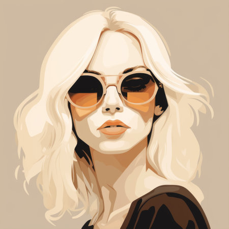 a beautiful woman wearing sunglasses poses for a realistic portrait painter. the dark beige and light amber tones of the artwork are reminiscent of graphic design-inspired illustrations. the retro rock vibe is enhanced by the presence of a minolta riva mini camera. the bright palette of light orange and black adds a vibrant touch to the overall composition. ai generatedの素材