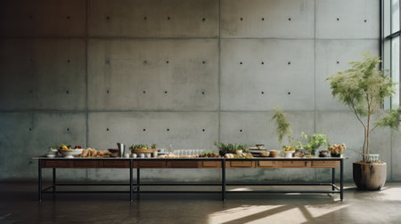 a wooden counter showcasing an array of food and food accessories, designed in the industrial minimalist style. the symmetrical arrangements and neo-concrete elements add a touch of modernity. the composition celebrates rural life, enhanced by the natural lighting. captured using a mamiya rb67, the photo boasts spectacular backdrops that enhance the overall aesthetic. ai generatedの素材