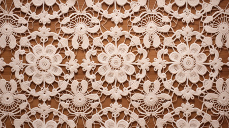 a large wooden surface adorned with a lively tableau of white lace pattern, inspired by the organic material and artistic styles of frantisek kupka and gustave buchet. the quirky details and intricate embroidery in light beige and beige hues add a touch of elegance to this unique piece. ai generatedの素材