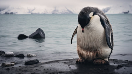 a penguin stands on rocks near an empty lake, exuding emotional sensitivity and raw vulnerability. this captivating image combines elements of smilecore, chilling creatures, and vfxfriday. the vintage imagery adds a touch of nostalgia, while the science-based portrayal of the penguin creates a mesmerizing visual experience. ai generatedの素材