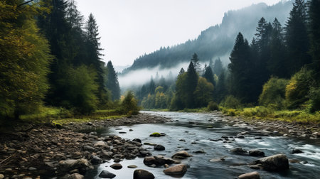 a mountain river flows through a rocky stream, enveloped by lush trees. this captivating photo captures the essence of hazy romanticism, environmental activism, and narrative-driven visual storytelling. it draws inspiration from the northwest school and exudes a misty gothic atmosphere, while also promoting environmental awareness, reminiscent of german romanticism. ai generatedの素材