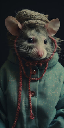 a mouse wearing a sweater is captured in this surreal portraiture-style photo. the mouse's outfit features a combination of light teal and dark pink colors, reminiscent of street style realism. the detailed costume adds depth to the image, while the pensive expression on the mouse's face adds a touch of introspection. the contrasting colors of dark white and orange create a visually striking composition. thisの素材