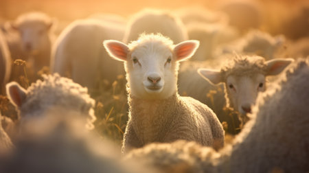 a herd of sheep grazes peacefully on a hill during a breathtaking sunset. this photograph captures the essence of realistic, emotive portraits in the style of the dusseldorf school of photography. utilizing the unreal engine 5, the image showcases soft-focus portraits with innovative techniques. the use of macro photography highlights the realistic and detailed rendering of the scene. ai generatedの素材