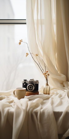 a camera sits on a chiffon table near a window, showcasing a minimalistic japanese style. the black and beige color scheme creates a whimsical ambiance, while the sparse and simple composition adds a subtle touch. this photograph, captured by an interior design photographer using a canon eos r5, exhibits a lot of detail in the objects. the film grain and cinemotographic quality give it aの素材
