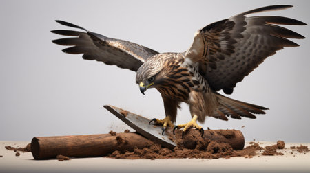 a taxidermy bird with a knife on its head stands near some dirt, creating a dynamic and visually striking image. the composition emphasizes speed and motion, with jagged edges adding to the sense of energy. the focus on materials highlights the craftsmanship of the piece, while the uniformly staged setting enhances the overall balance and impact. ai generatedの素材