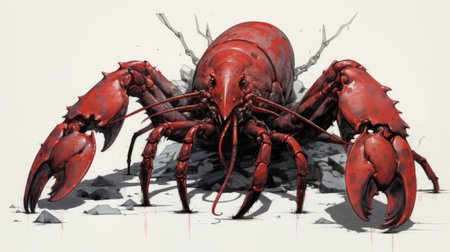 a sci-fi realism style drawing of a crimson lobster with giant claws, depicted on the ground. the artwork, created in the ashcan school tradition, showcases detailed character illustrations with bold coloration. this stunning piece, captured with a canon af35m camera, has a resolution of 3840x2160 pixels. ai generatedの素材