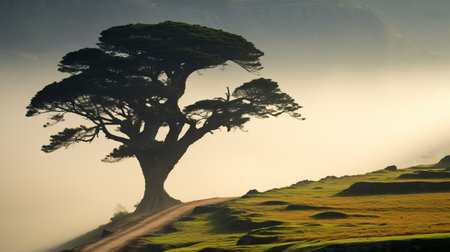 an old tree stands tall and majestic, nestled near a mountain trail. this captivating photo captures the essence of exotic fantasy landscapes, reminiscent of national geographic's stunning imagery. the misty atmosphere adds an enchanting touch to the scene, evoking the spirit of traditional british landscapes. the blue rider would surely appreciate this award-winning masterpiece, showcasing realistic equine paintings. ai generatedの素材