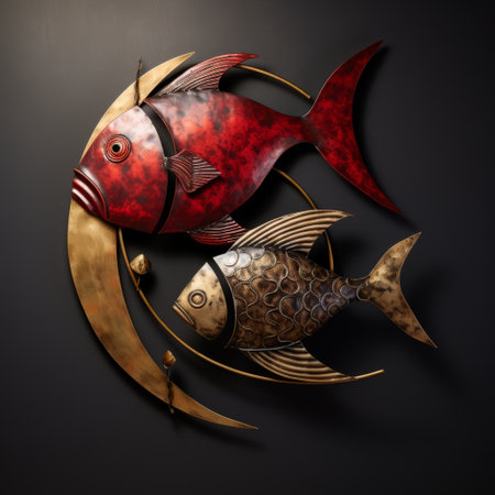 a vibrant sculpture of a red fish enclosed within a crescent-shaped frame, showcasing a playful use of light and shadow. this art piece, inspired by the tongan style, features a captivating combination of dark gold and dark bronze hues. with its vibrant illustrations and the use of vray technology, this 32k uhd sculpture is a stunning visual masterpiece. ai generatedの素材