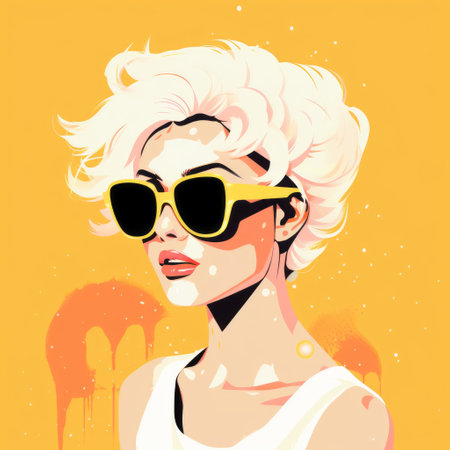 a white, blonde woman with sunglasses stands against a vibrant yellow background. the illustration style is reminiscent of crisp neo-pop art, with a futuristic retro vibe. the color palette includes dark black and light amber tones, and the artwork features dripping paint elements. the characters are charming and the illustration showcases high detail, while maintaining a loose and fluid aesthetic. ai generatedの素材