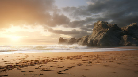 rocks sitting on a beach, rendered in the style of unreal engine, create a soft and dreamy atmosphere. bathed in golden light, they blend harmoniously with ethereal cloudscapes. this scene evokes the beauty of traditional british landscapes, while also capturing the essence of desertwave and tumblewave aesthetics. ai generatedの素材