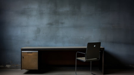 a desk and gray chair are placed in an old room, featuring a dark sky-blue and dark brown color scheme. the minimalistic compositions and concrete brutalism style create a unique atmosphere. the leatherhide material adds a touch of sophistication. this high-resolution photo, taken with provia, showcases the glazed surfaces in stunning detail. ai generatedの素材