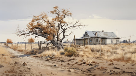 a watercolor painting capturing the essence of a rural landscape, featuring a solitary tree as the focal point. the artwork is created in the style of hyper-realistic sculptures, showcasing elements of decay and decayed aesthetics. inspired by the new american color photography movement, the color palette consists of light orange and beige tones. the composition evokes a haunting atmosphere reminiscent of desertwave, beautifully captured usingの素材